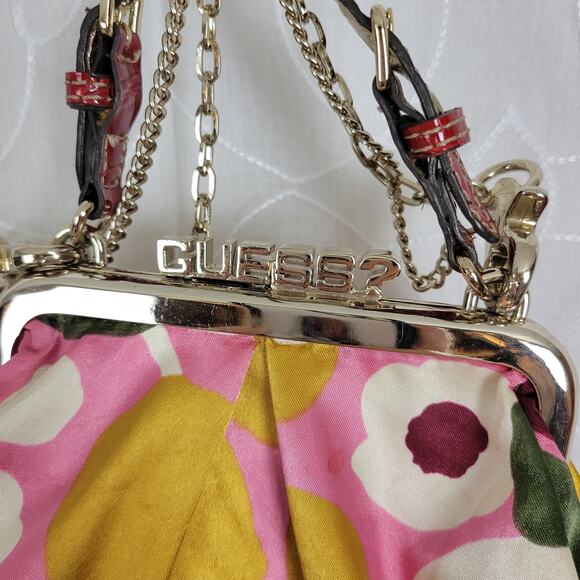 Guess Satin Handbag Small Purple Pink Floral Spell Out Alligator Leopard Chain - Picture 6 of 10